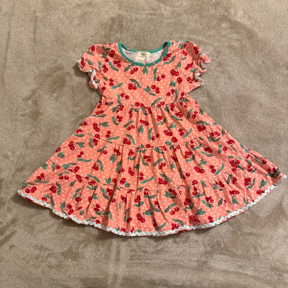 Matilda Jane Girls Cherry Pie Happy and Free Tiered Dress Pink Polka Dot Size 4